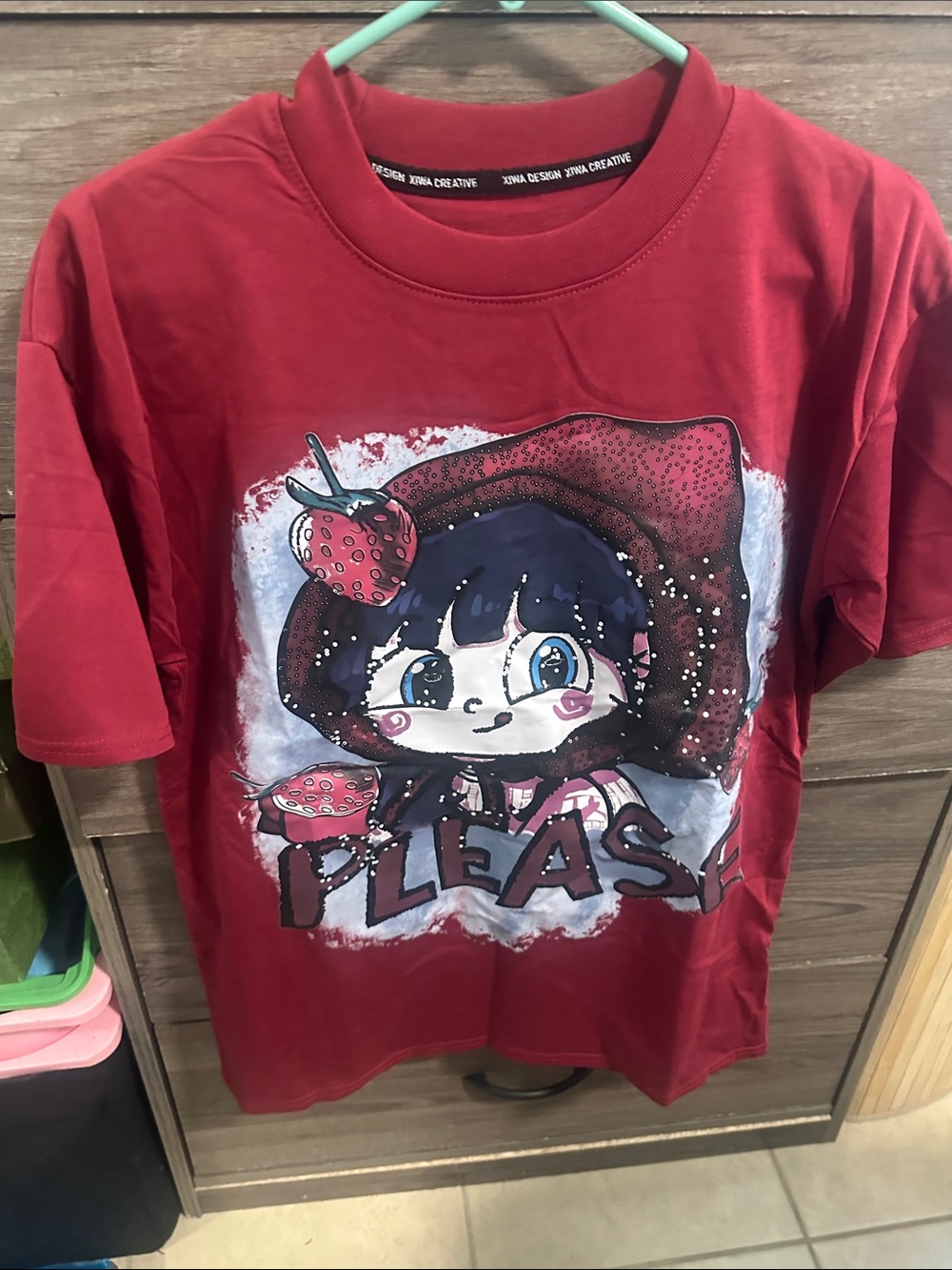 Red Short-Sleeve Graphic Tee with Strawberry Girl size S